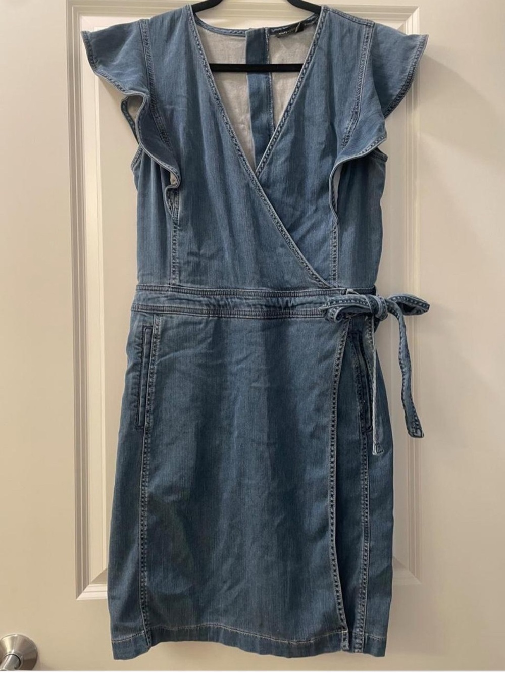 White House Black Market Chambray Wrap Midi Dress in Denim Blue